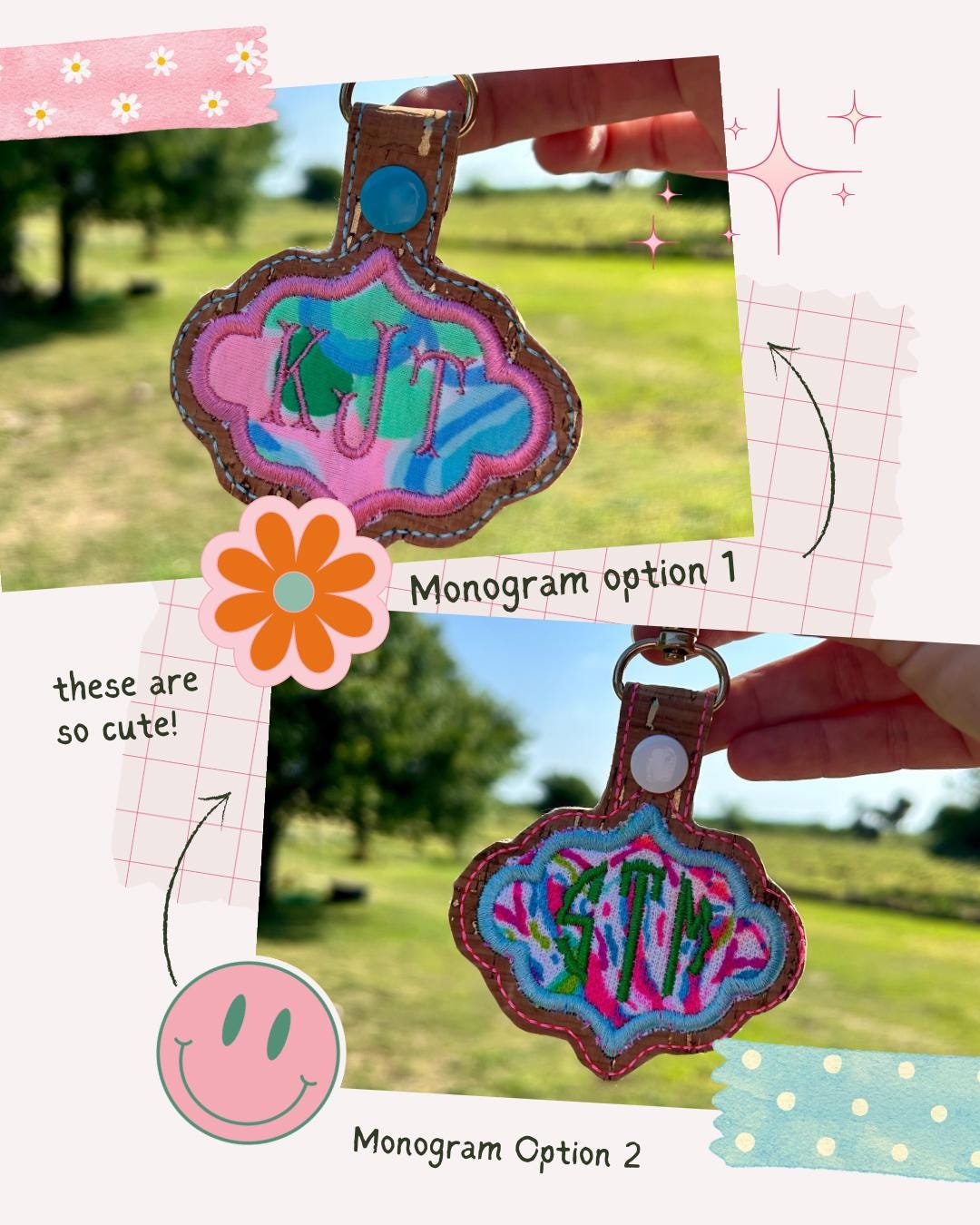 Preppy Tropical Print Monogrammed Cork Keychain