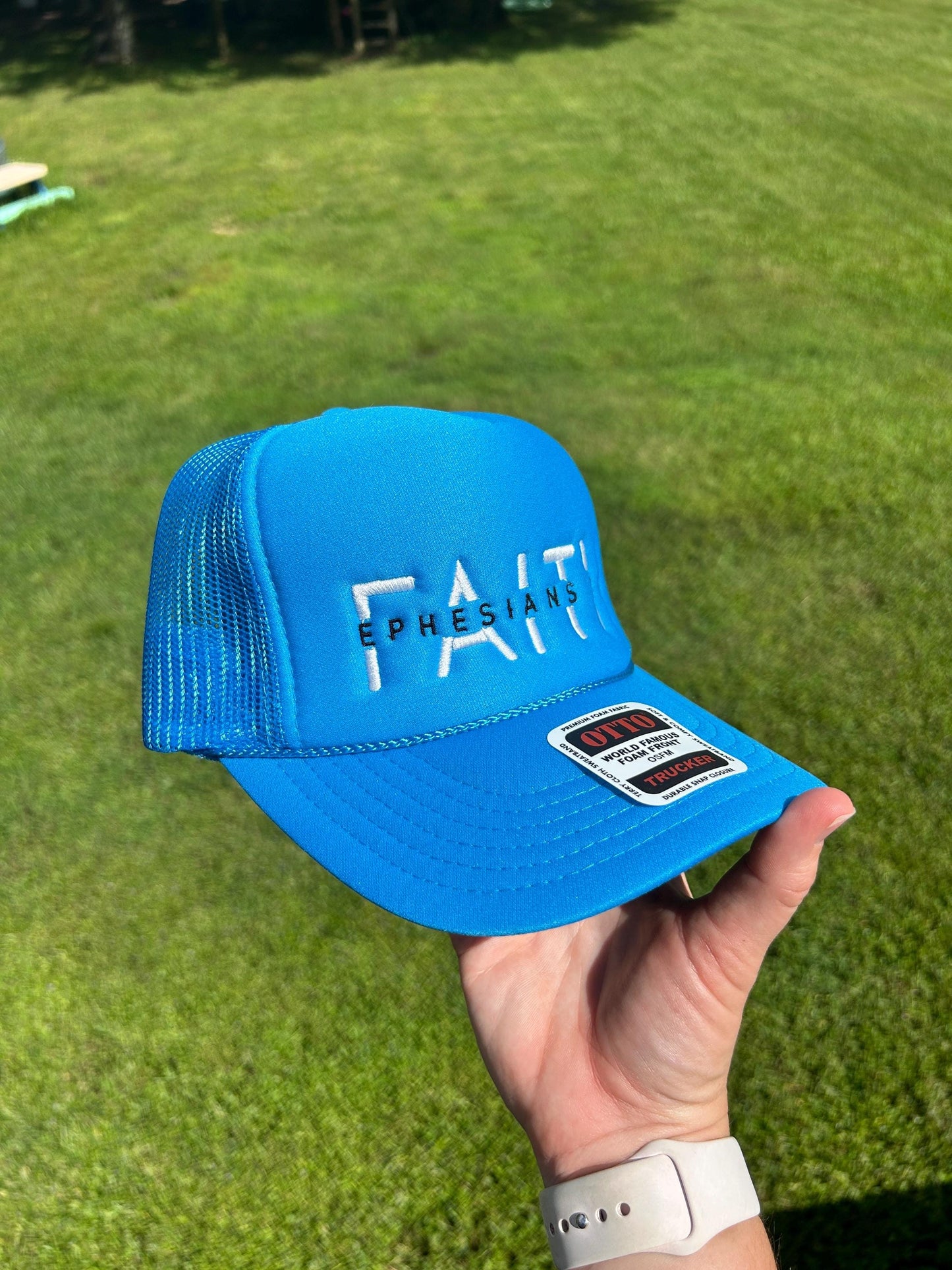 Embroidered Faith Ephesians 2:18 Trucker Hat