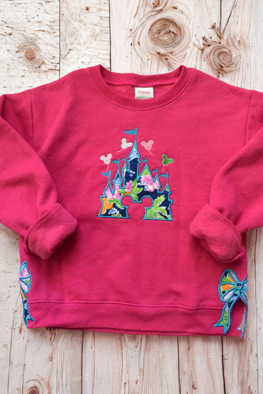 Personalized Preppy Bow Cut-Out Sweatshirt: Monogrammed Pink and Navy Castle Crewneck for Girls
