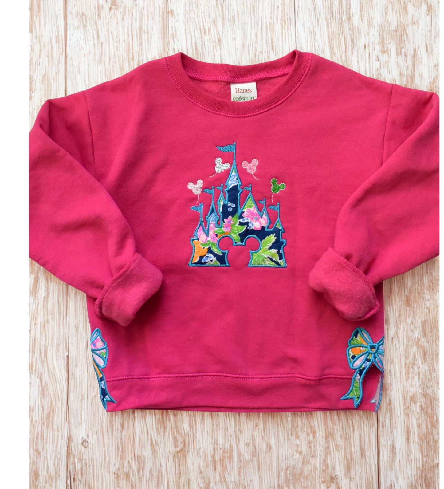 Personalized Preppy Bow Cut-Out Sweatshirt: Monogrammed Pink and Navy Castle Crewneck for Girls