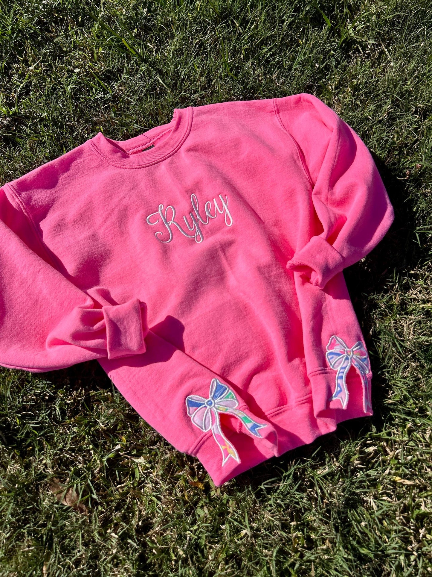Personalized Preppy Bow Cut-Out Sweatshirt: Monogrammed Pink Crewneck for Girls