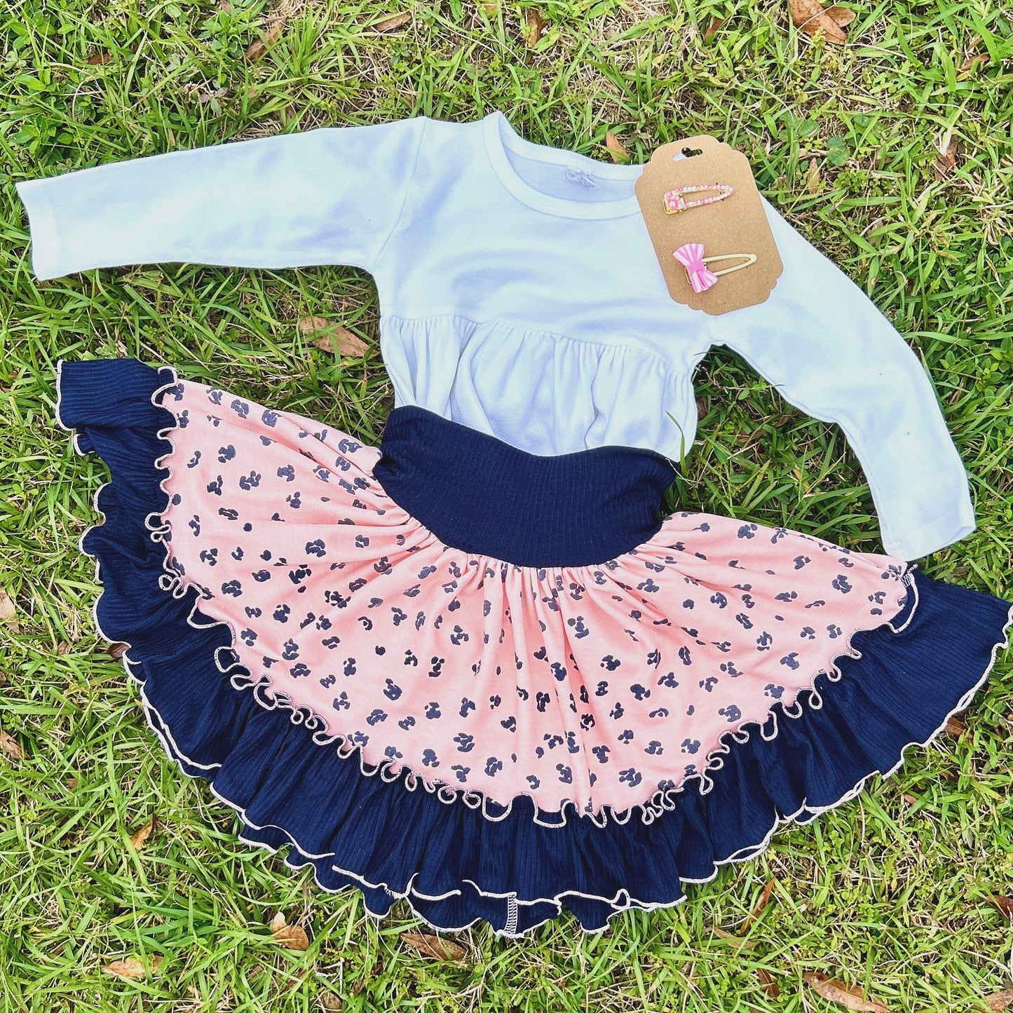Girls Pink Leopard & Navy Twirly Ruffle Skirt