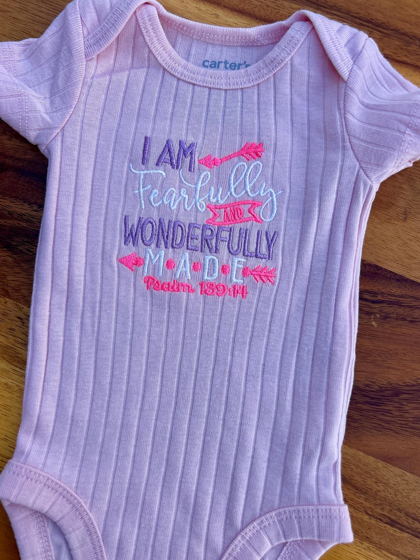 Embroidered Fearfully and Wonderfully Made, Baby Girls Body Suit, Christian Baby Gift