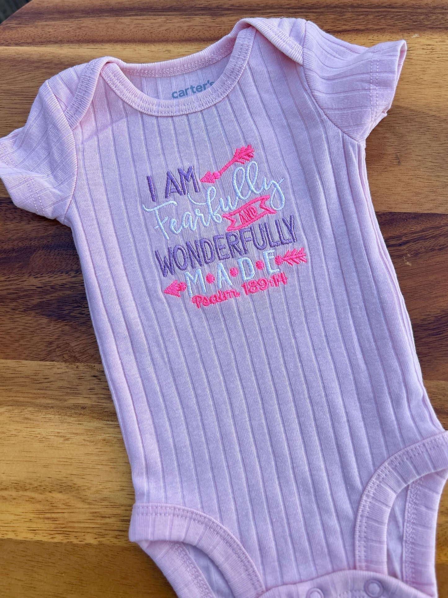Embroidered Fearfully and Wonderfully Made, Baby Girls Body Suit, Christian Baby Gift