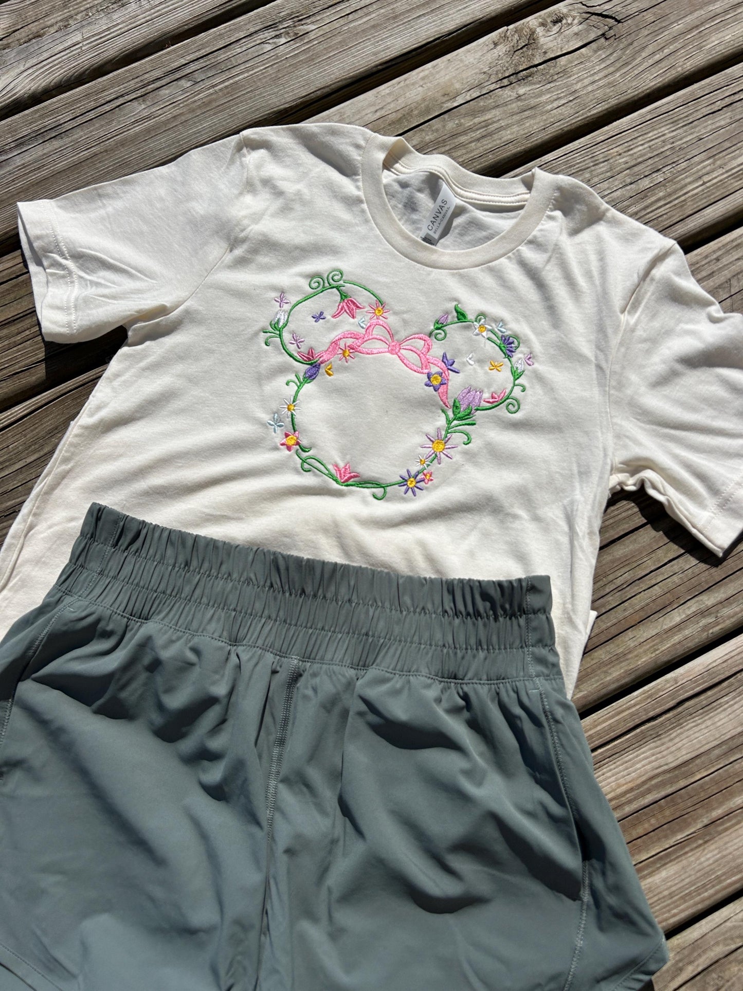 Floral Monogrammed Mouse Head Shirt, Spring Flower Tshirt, Women’s Embroidered Shirt
