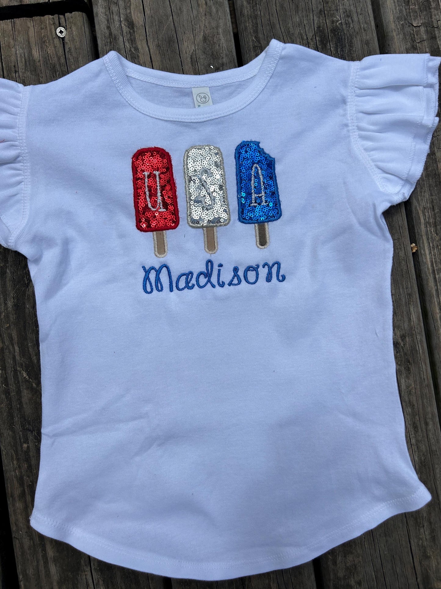 Patriotic Red White and Blue Popsicle Ruffle Shirt for Girls
