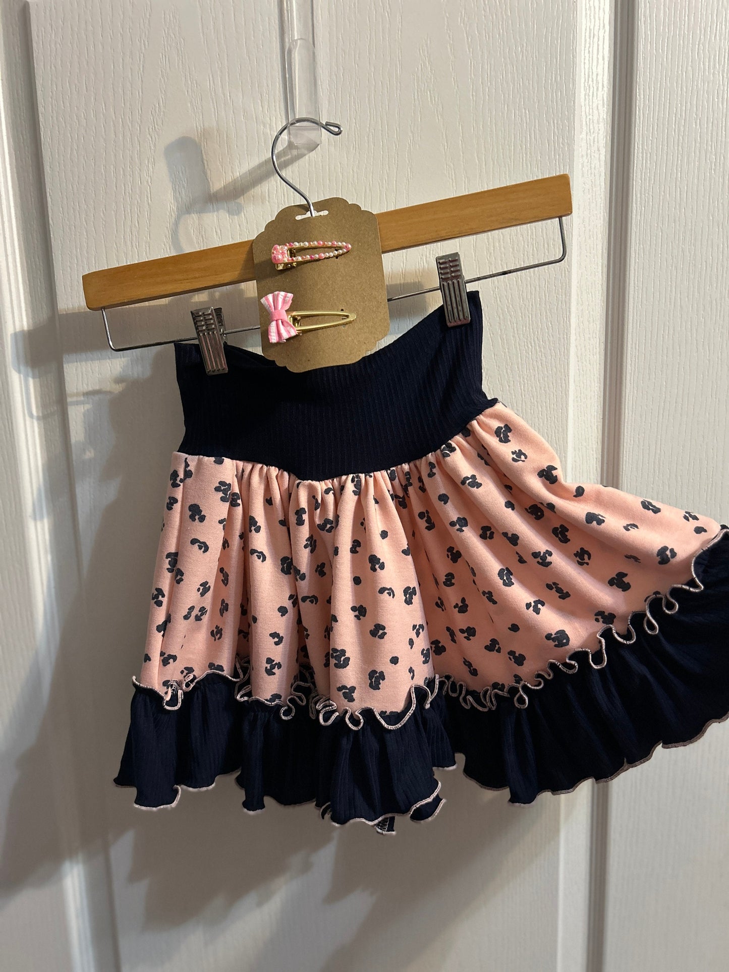 Girls Pink Leopard & Navy Twirly Ruffle Skirt