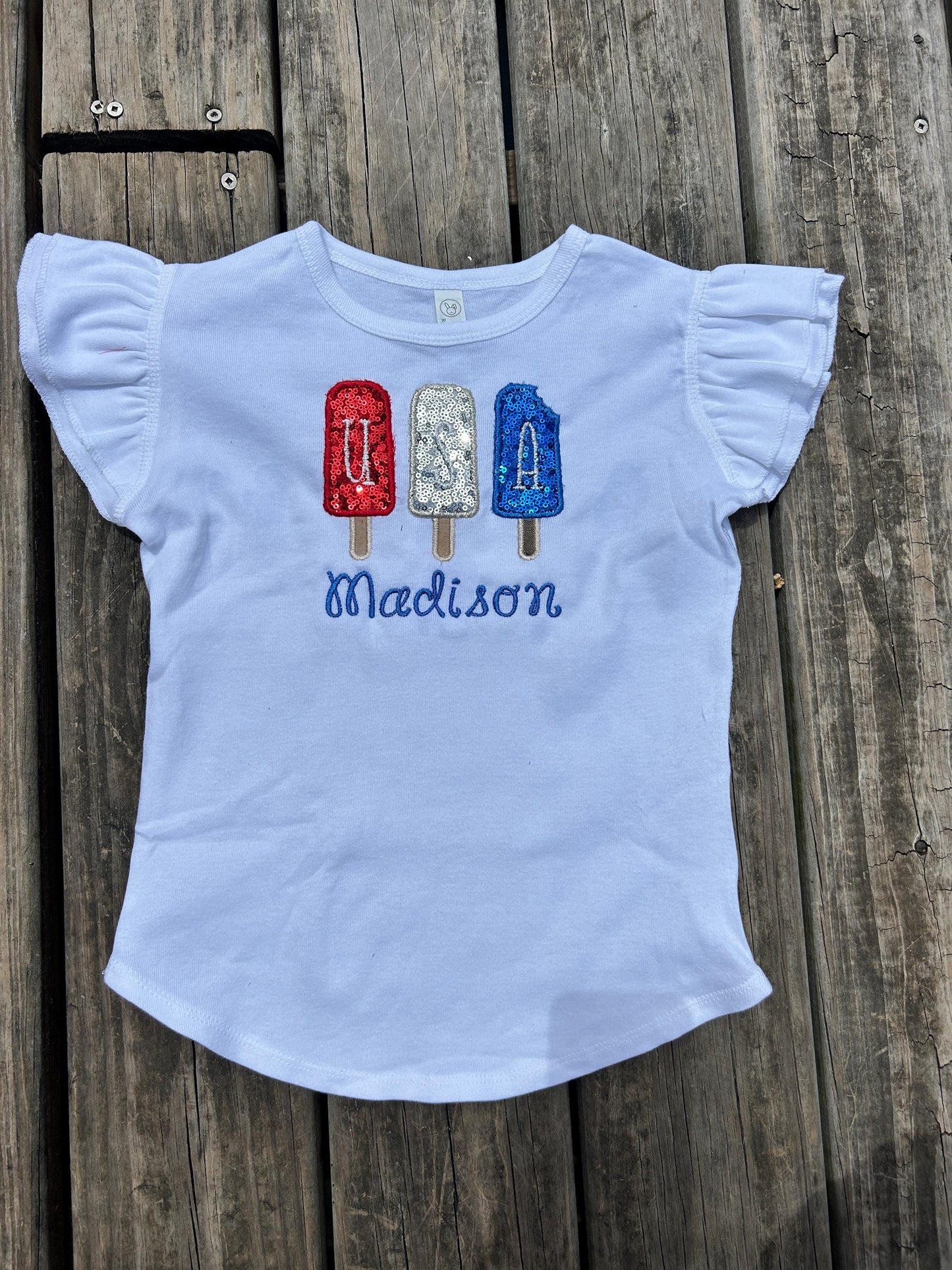 Patriotic Red White and Blue Popsicle Ruffle Shirt for Girls