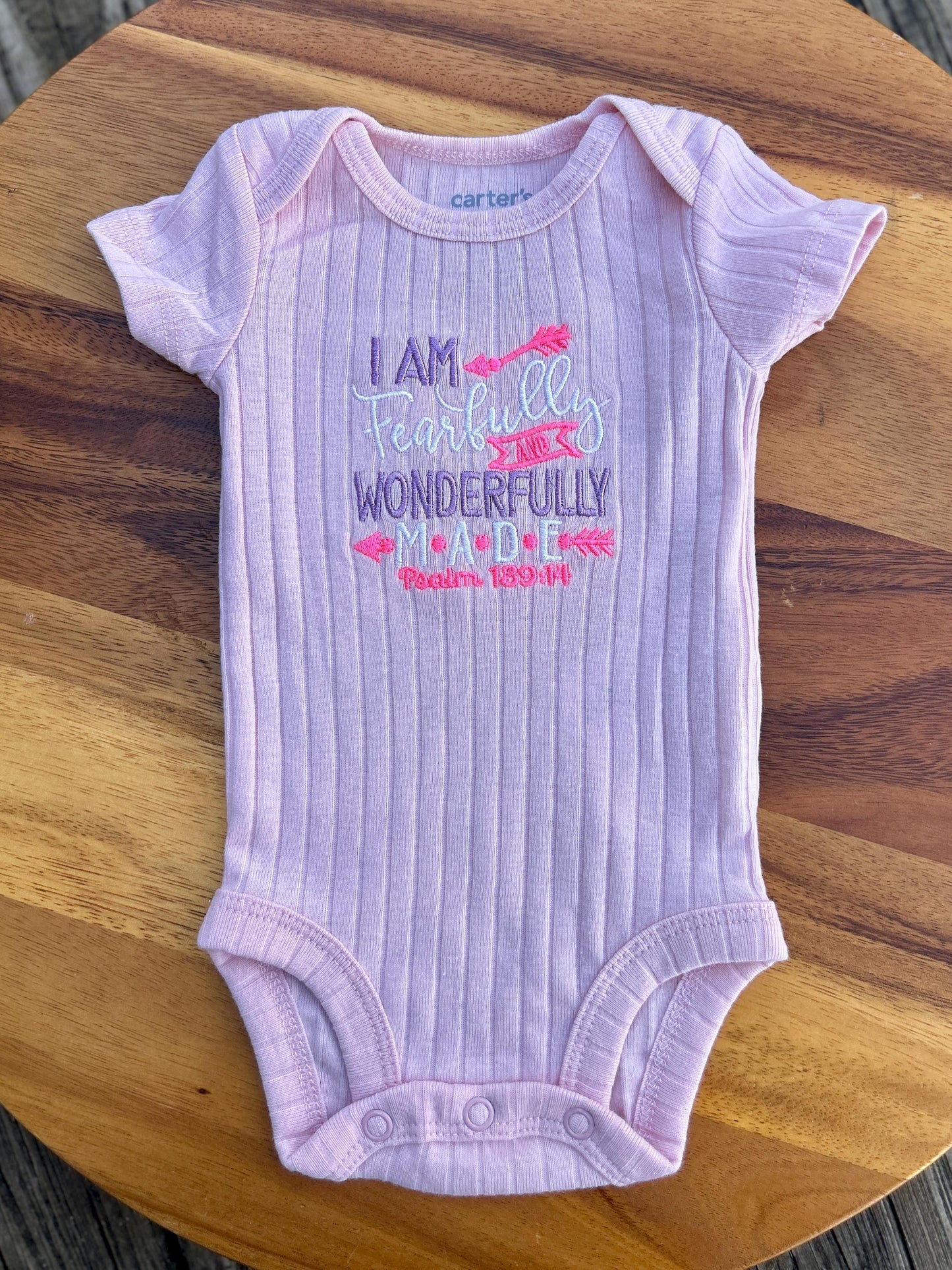 Embroidered Fearfully and Wonderfully Made, Baby Girls Body Suit, Christian Baby Gift