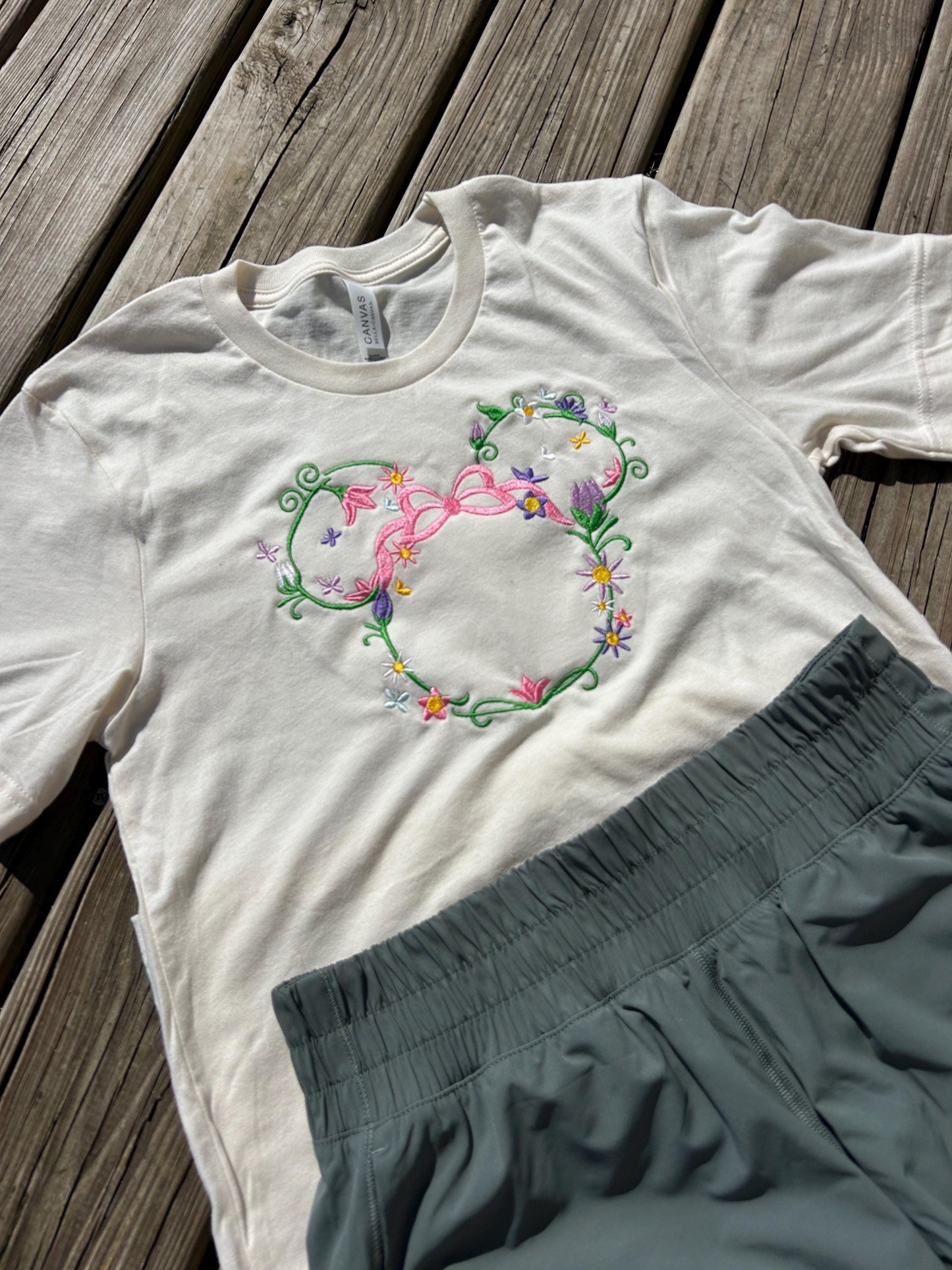 Floral Monogrammed Mouse Head Shirt, Spring Flower Tshirt, Women’s Embroidered Shirt