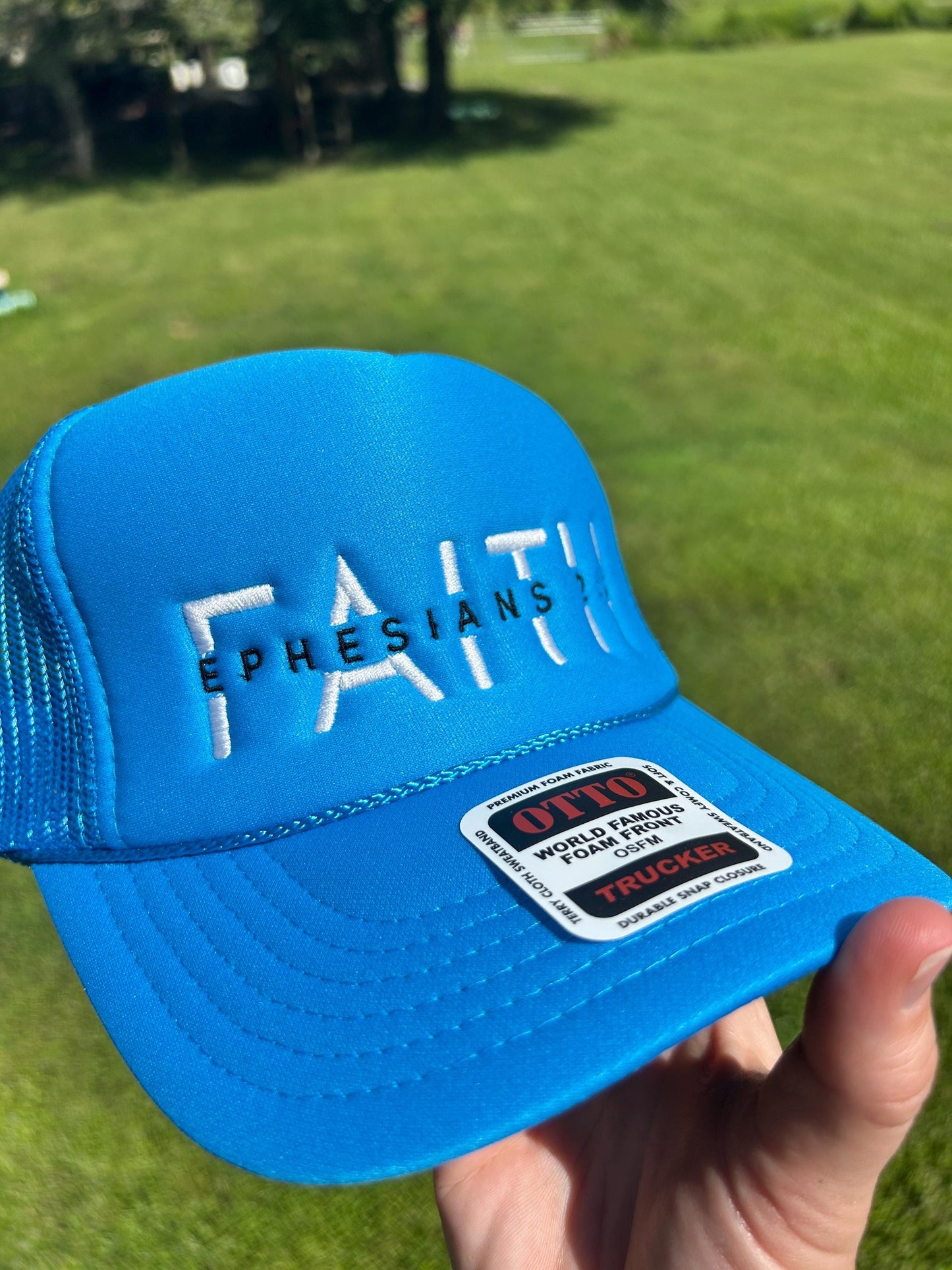 Embroidered Faith Ephesians 2:18 Trucker Hat