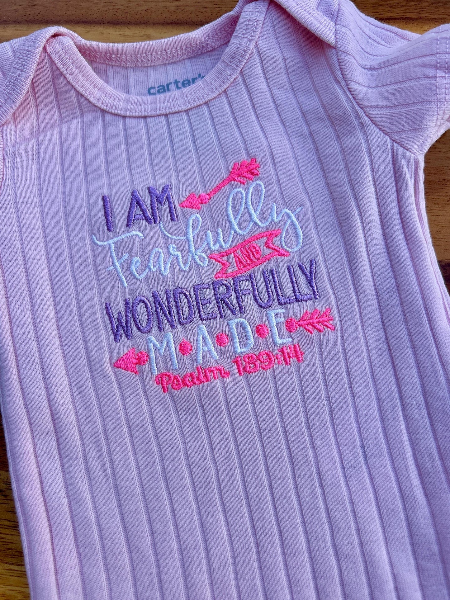 Embroidered Fearfully and Wonderfully Made, Baby Girls Body Suit, Christian Baby Gift