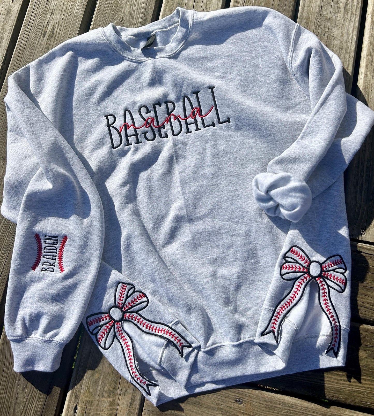 Custom Baseball Mom Embroidered Sweater with Bow | Personalized Game Day Gift for Sports Mothers