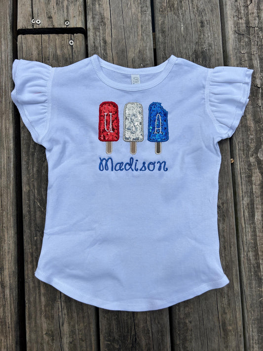 Patriotic Red White and Blue Popsicle Ruffle Shirt for Girls