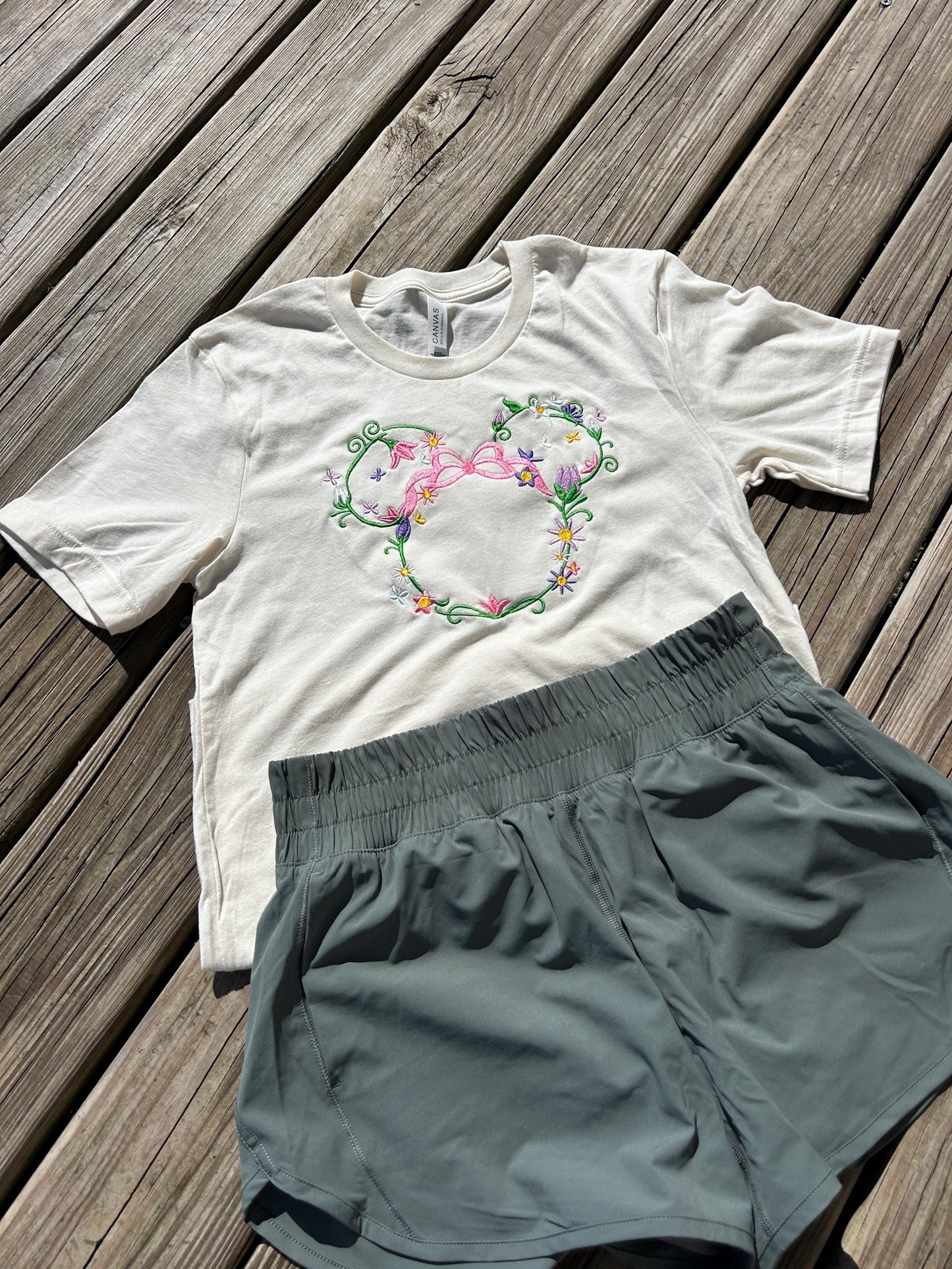 Floral Monogrammed Mouse Head Shirt, Spring Flower Tshirt, Women’s Embroidered Shirt