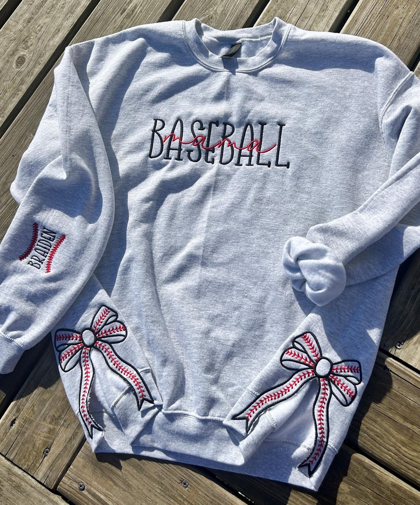 Custom Baseball Mom Embroidered Sweater with Bow | Personalized Game Day Gift for Sports Mothers