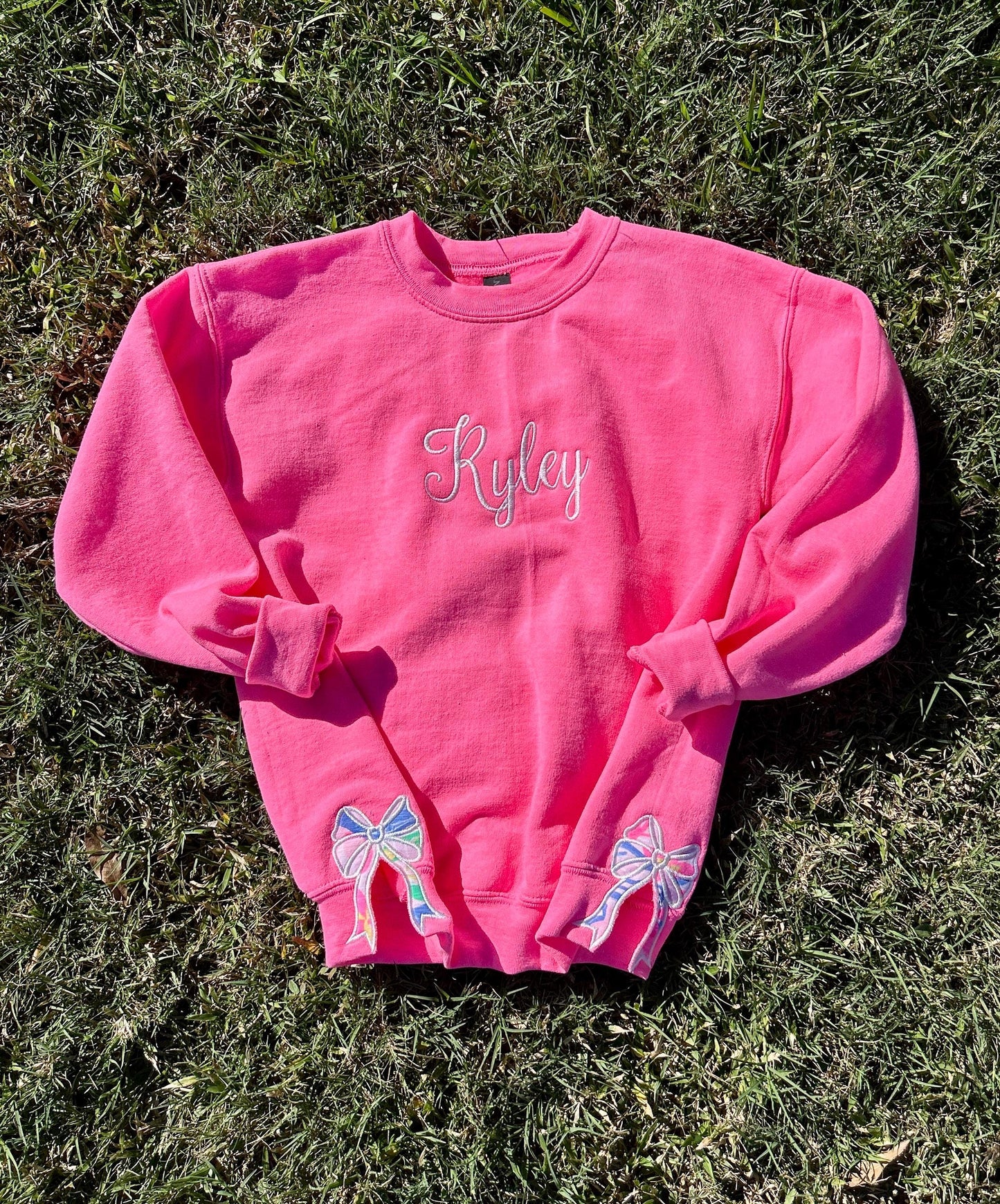 Personalized Preppy Bow Cut-Out Sweatshirt: Monogrammed Pink Crewneck for Girls