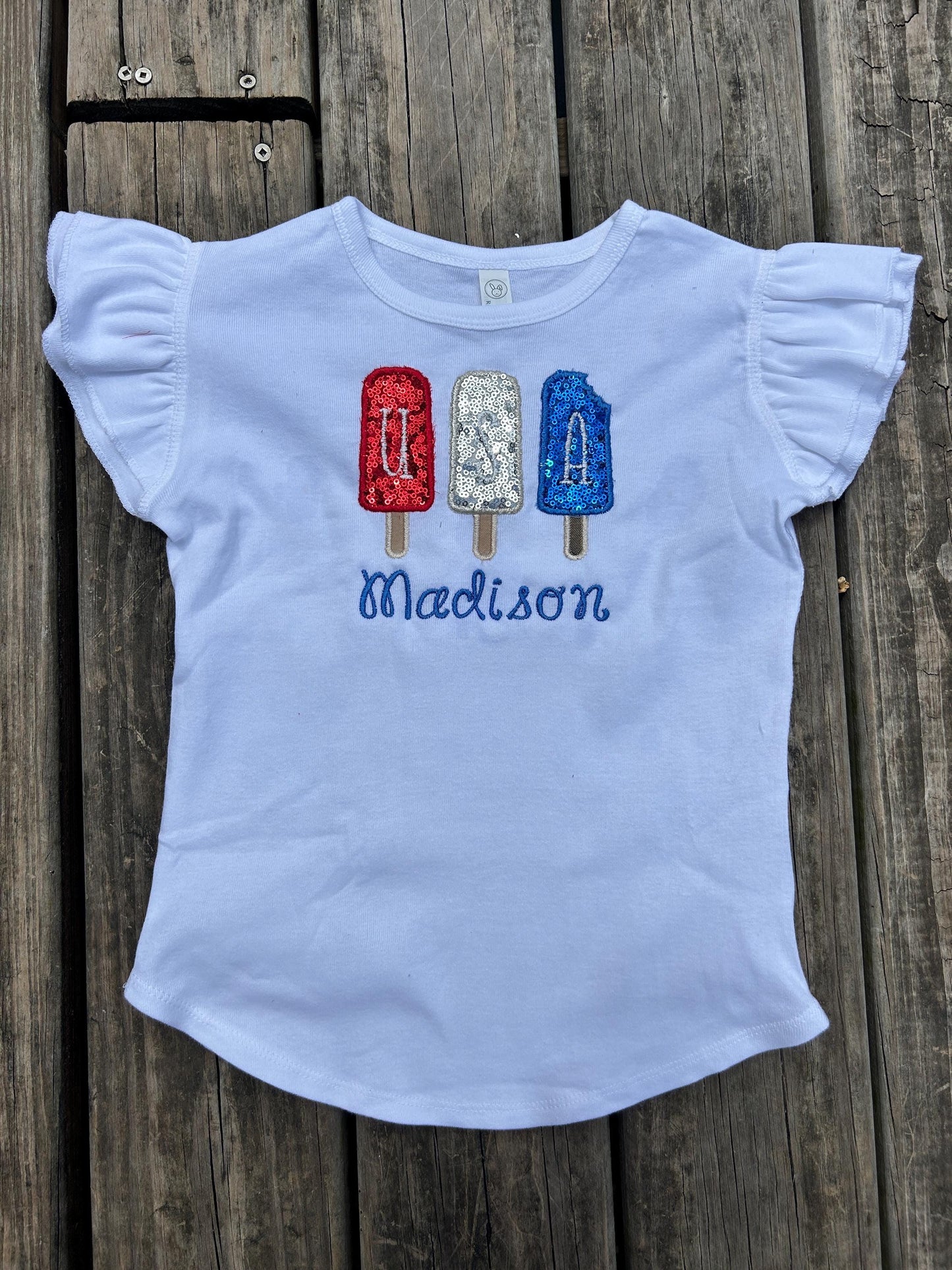 Patriotic Red White and Blue Popsicle Ruffle Shirt for Girls