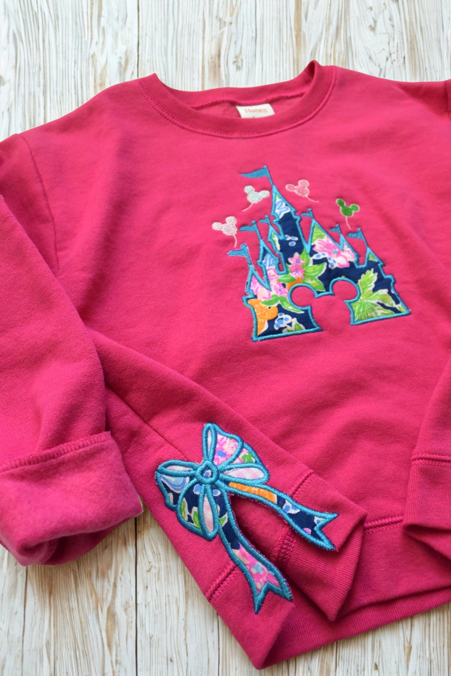 Personalized Preppy Bow Cut-Out Sweatshirt: Monogrammed Pink and Navy Castle Crewneck for Girls