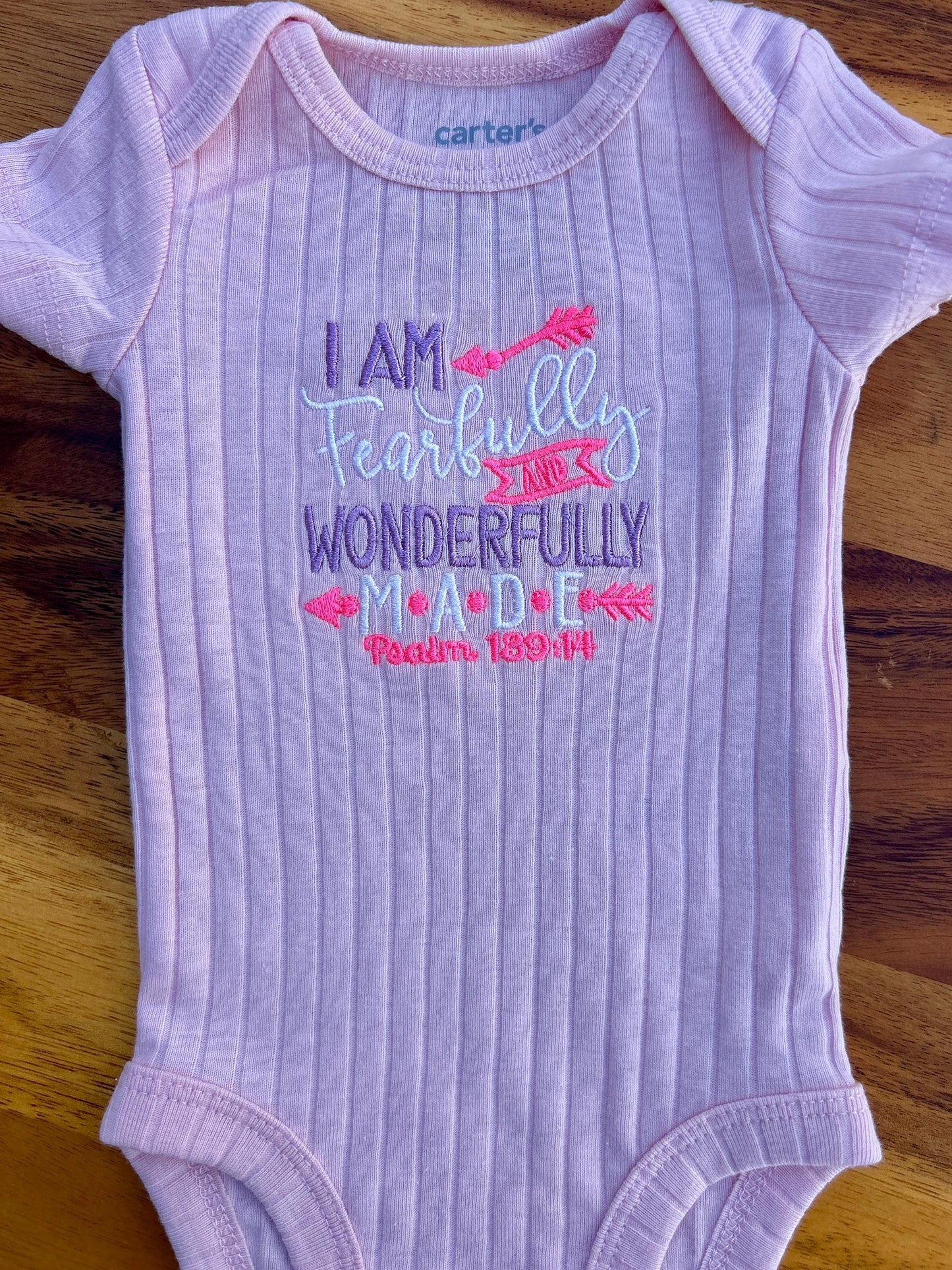 Embroidered Fearfully and Wonderfully Made, Baby Girls Body Suit, Christian Baby Gift