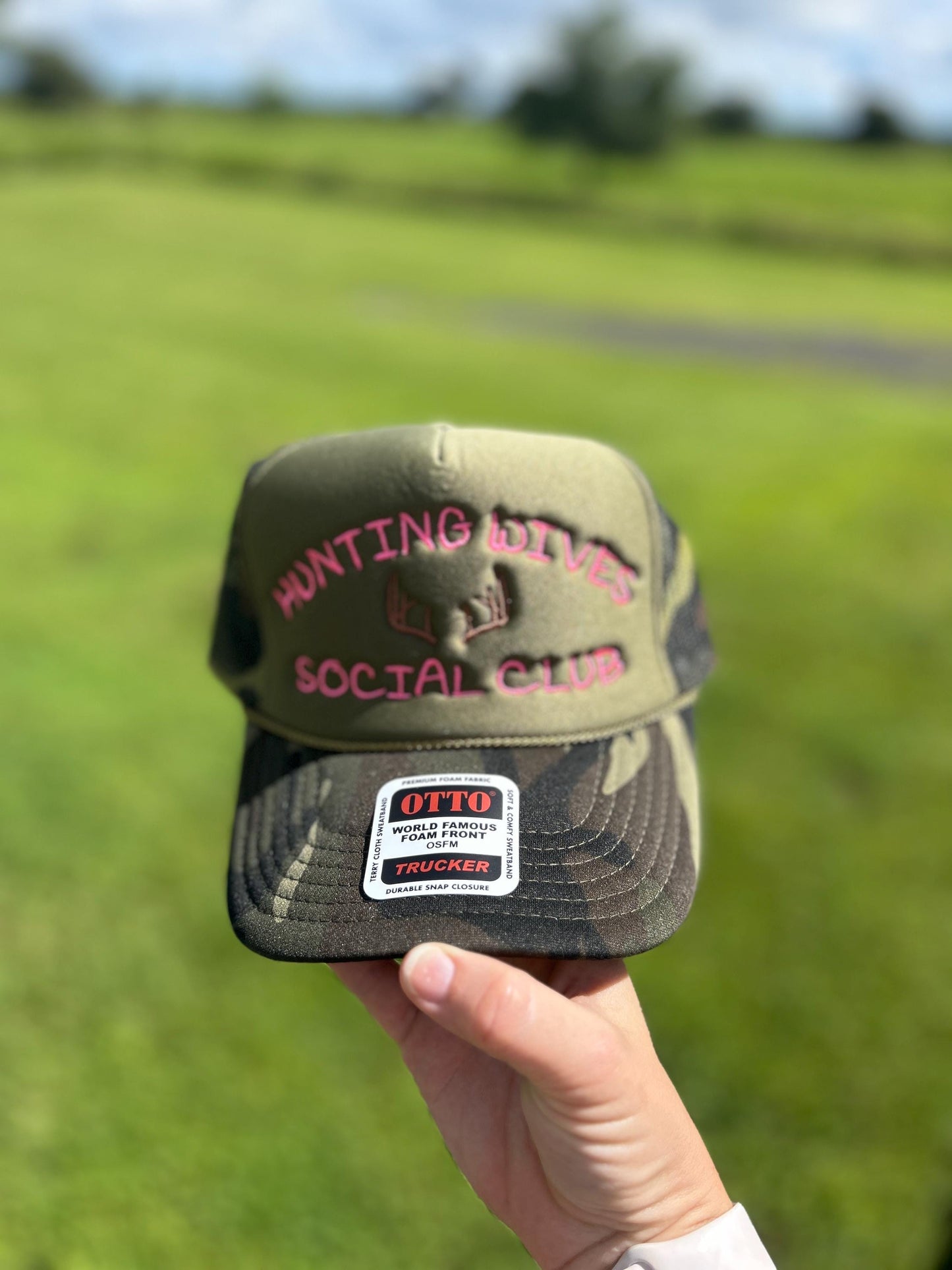 Camo Embroidered Hunting Wives Social Club Trucker Hat