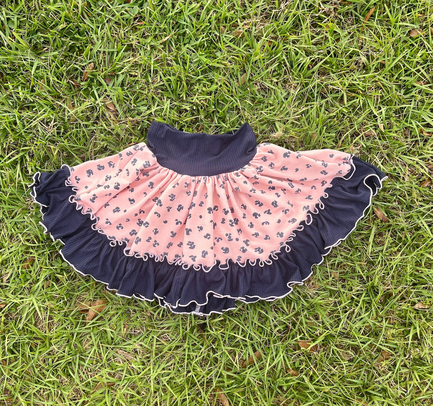 Girls Pink Leopard & Navy Twirly Ruffle Skirt