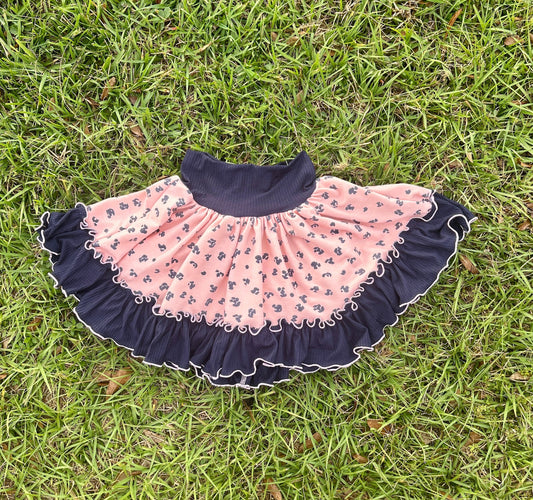 Girls Pink Leopard & Navy Twirly Ruffle Skirt