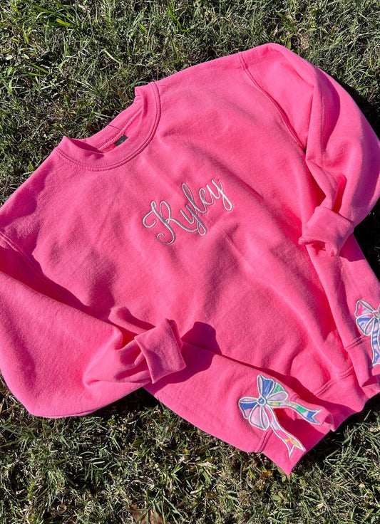 Personalized Preppy Bow Cut-Out Sweatshirt: Monogrammed Pink Crewneck for Girls