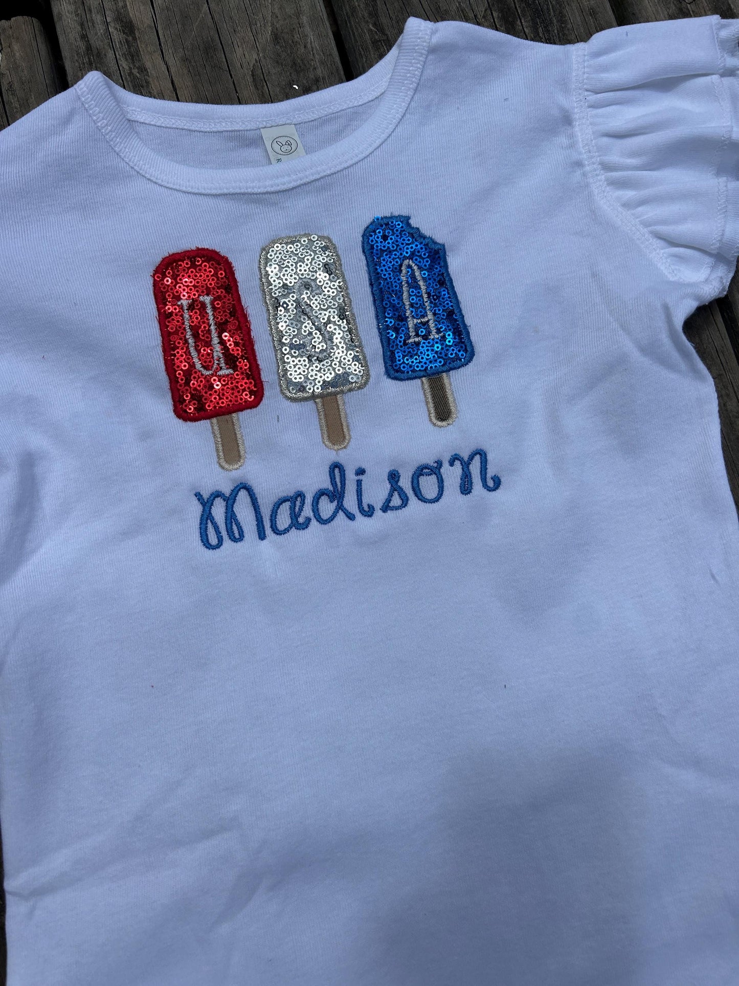 Patriotic Red White and Blue Popsicle Ruffle Shirt for Girls
