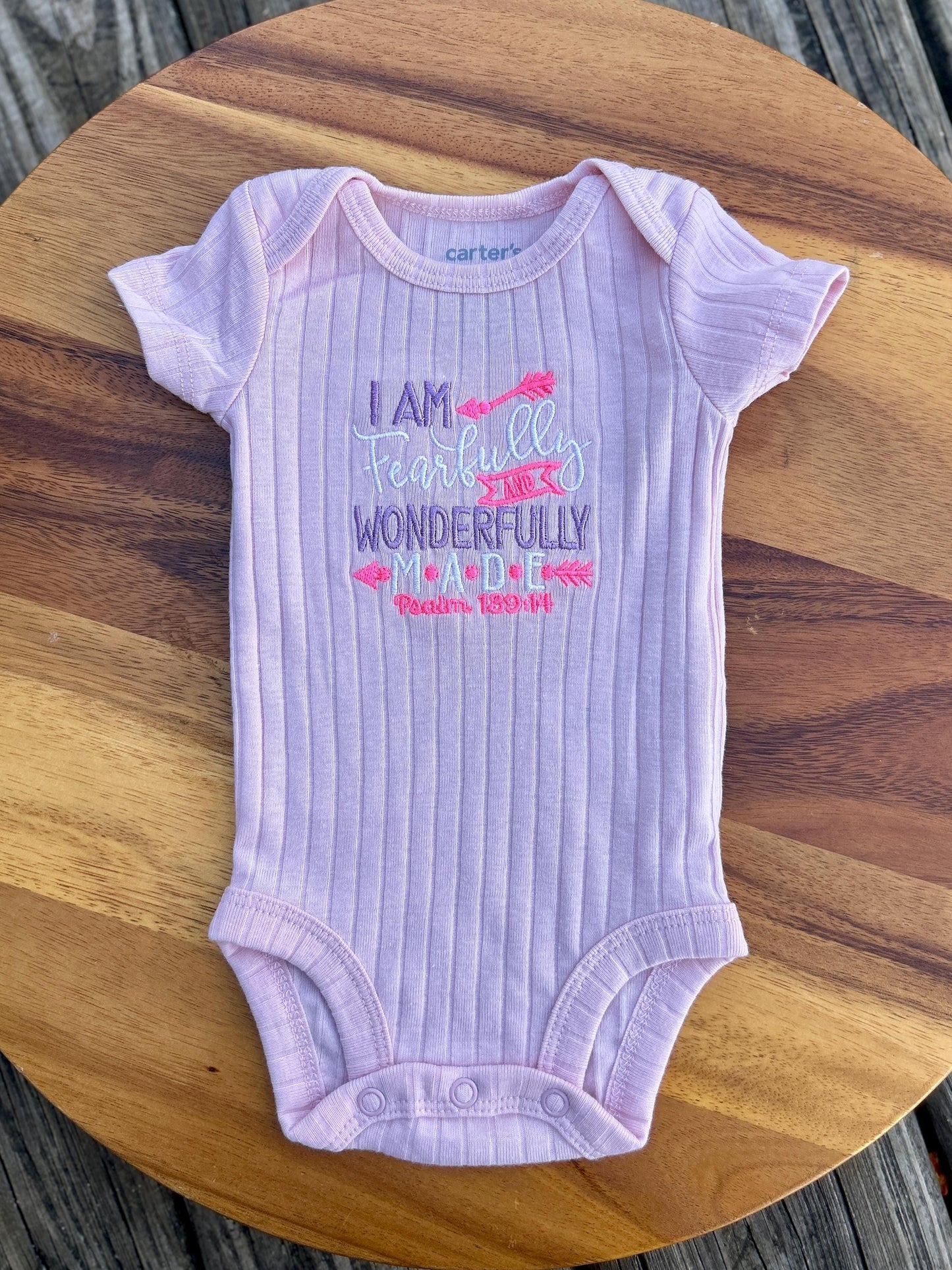Embroidered Fearfully and Wonderfully Made, Baby Girls Body Suit, Christian Baby Gift