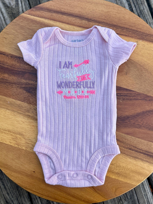Embroidered Fearfully and Wonderfully Made, Baby Girls Body Suit, Christian Baby Gift