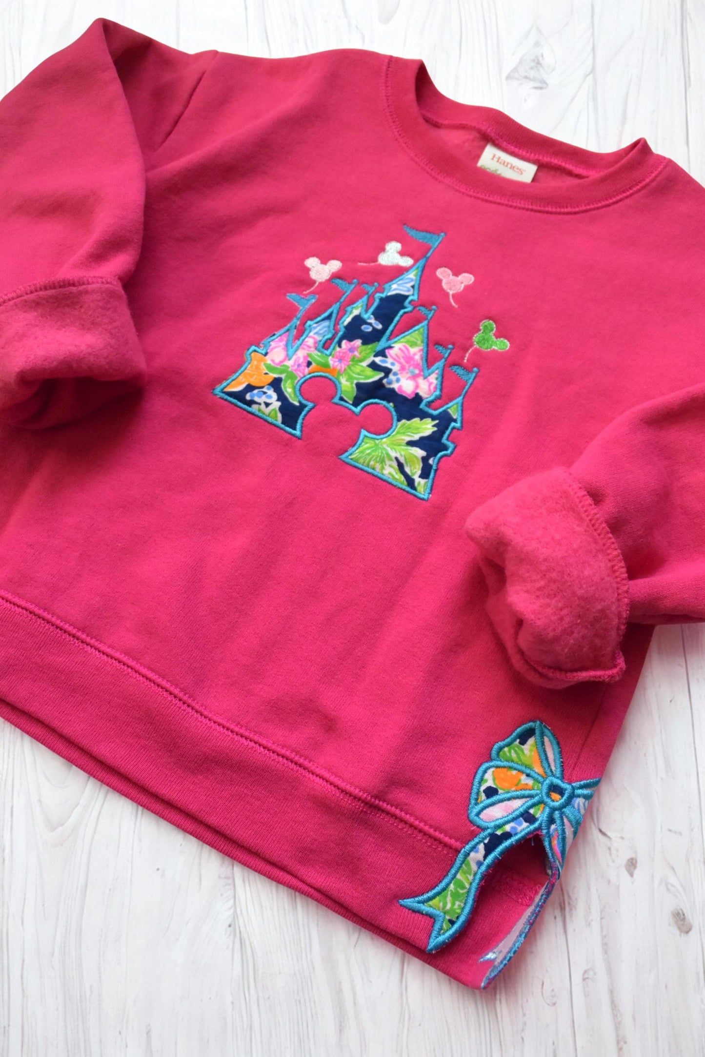 Personalized Preppy Bow Cut-Out Sweatshirt: Monogrammed Pink and Navy Castle Crewneck for Girls