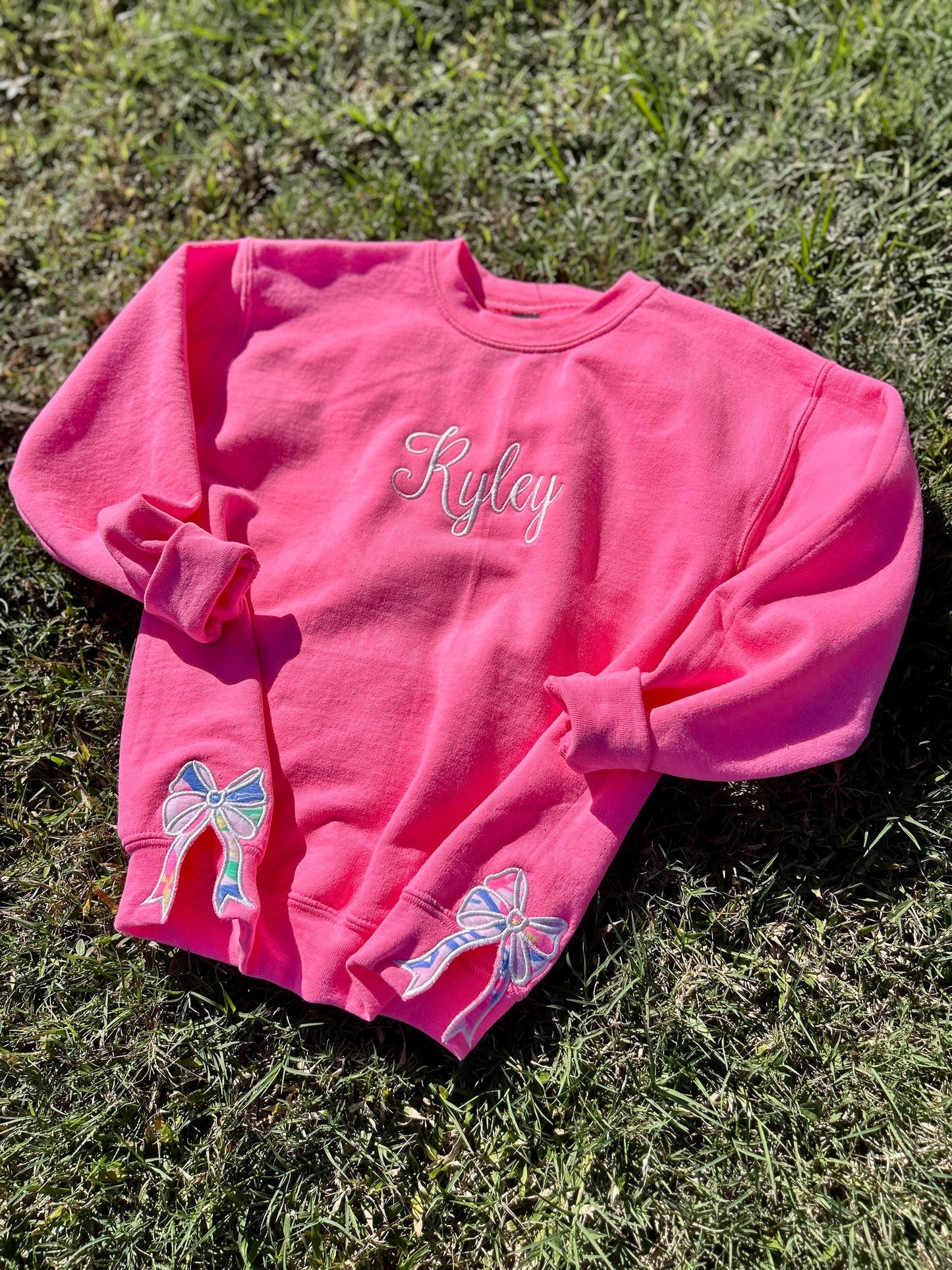 Personalized Preppy Bow Cut-Out Sweatshirt: Monogrammed Pink Crewneck for Girls