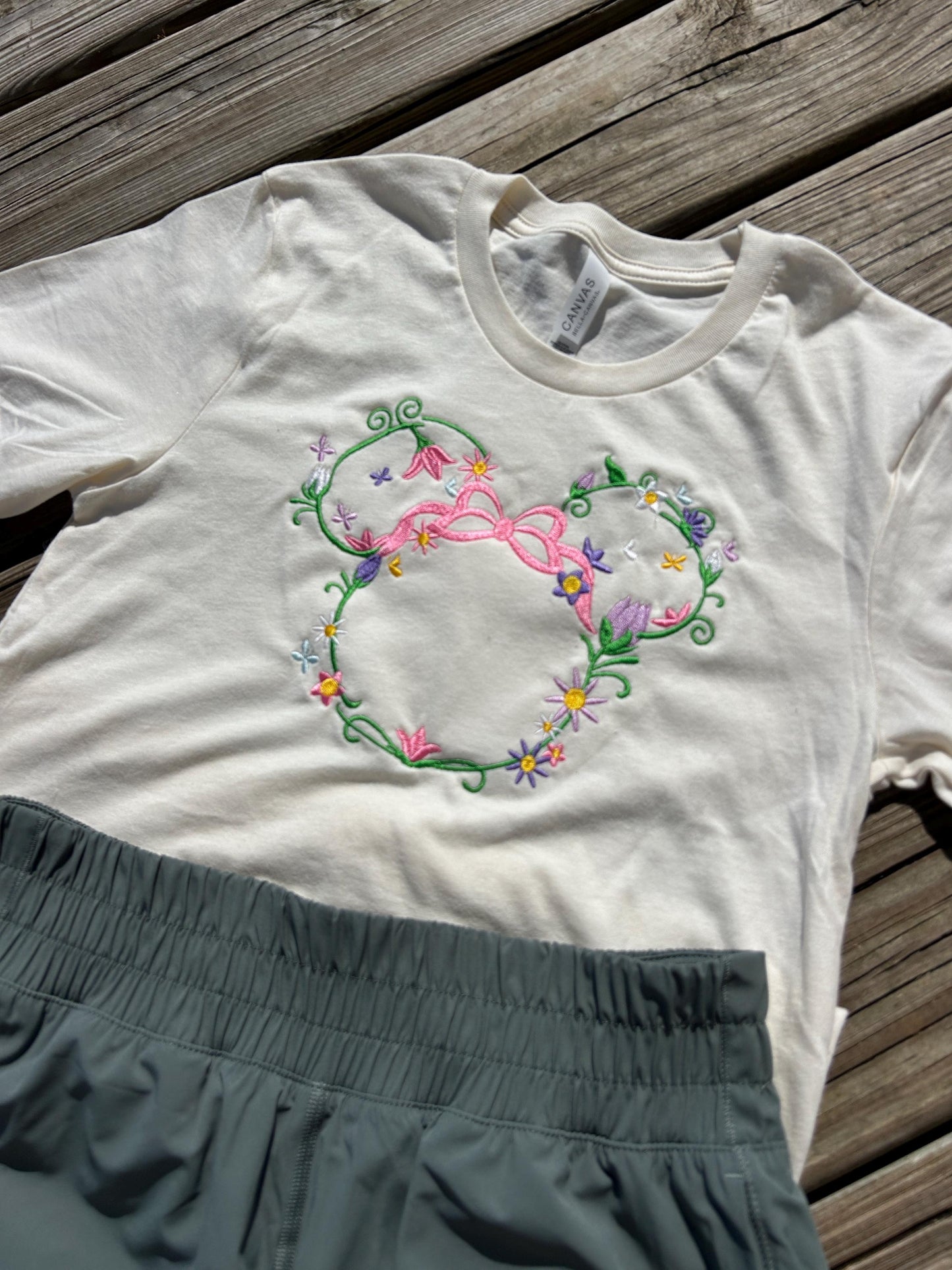 Floral Monogrammed Mouse Head Shirt, Spring Flower Tshirt, Women’s Embroidered Shirt