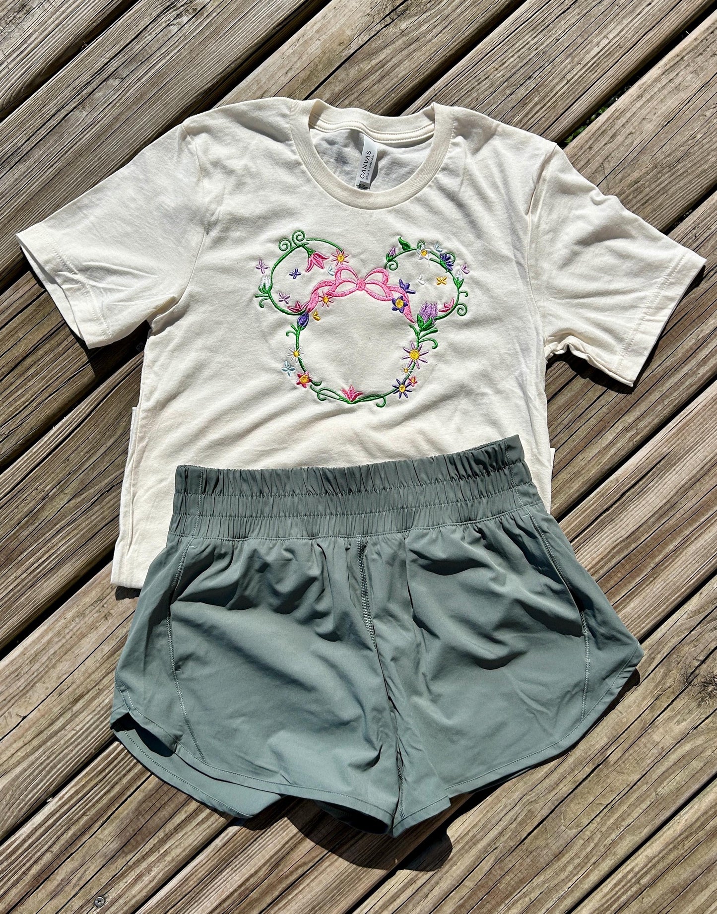 Floral Monogrammed Mouse Head Shirt, Spring Flower Tshirt, Women’s Embroidered Shirt